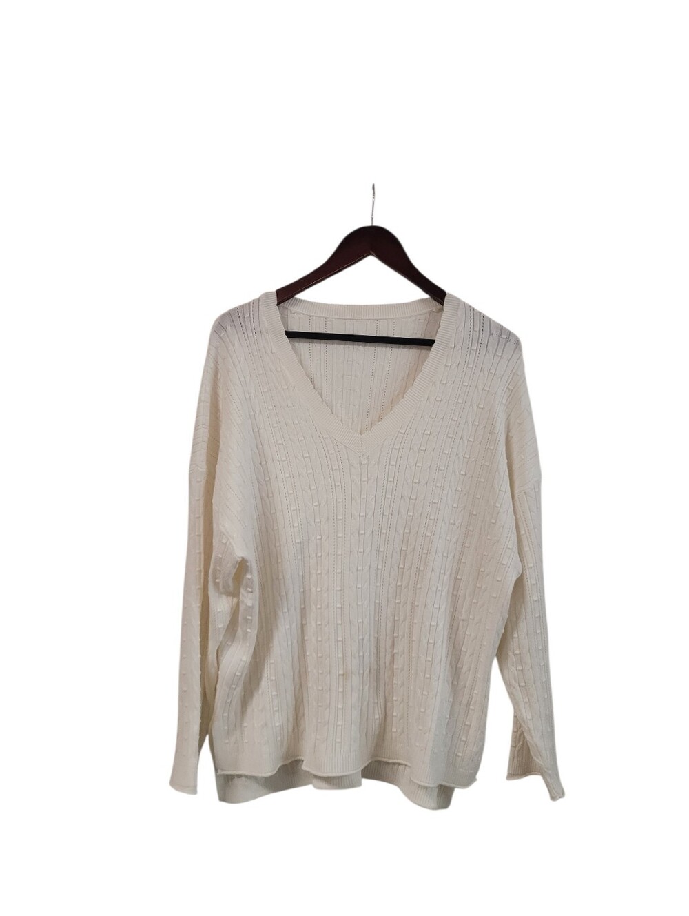 Lauren Ralph Lauren Cream White Ribbed Knit V-neck Pullover Sweater 2X